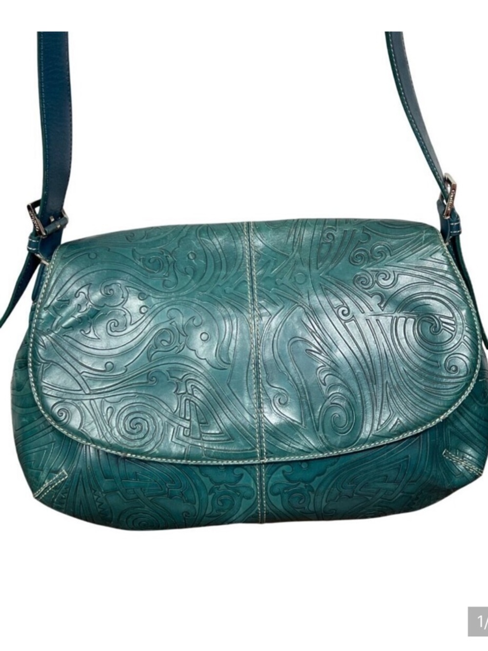 VINTAGE COLE HAAN Hand Tooled Leather Hobo Shoulder Bag Teal Green